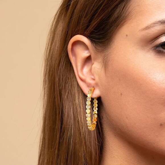 14k Gold Plated 40mm Heart Cubic Zirconia Rhinestone Hoop Earring for Women - Picture 6 of 7